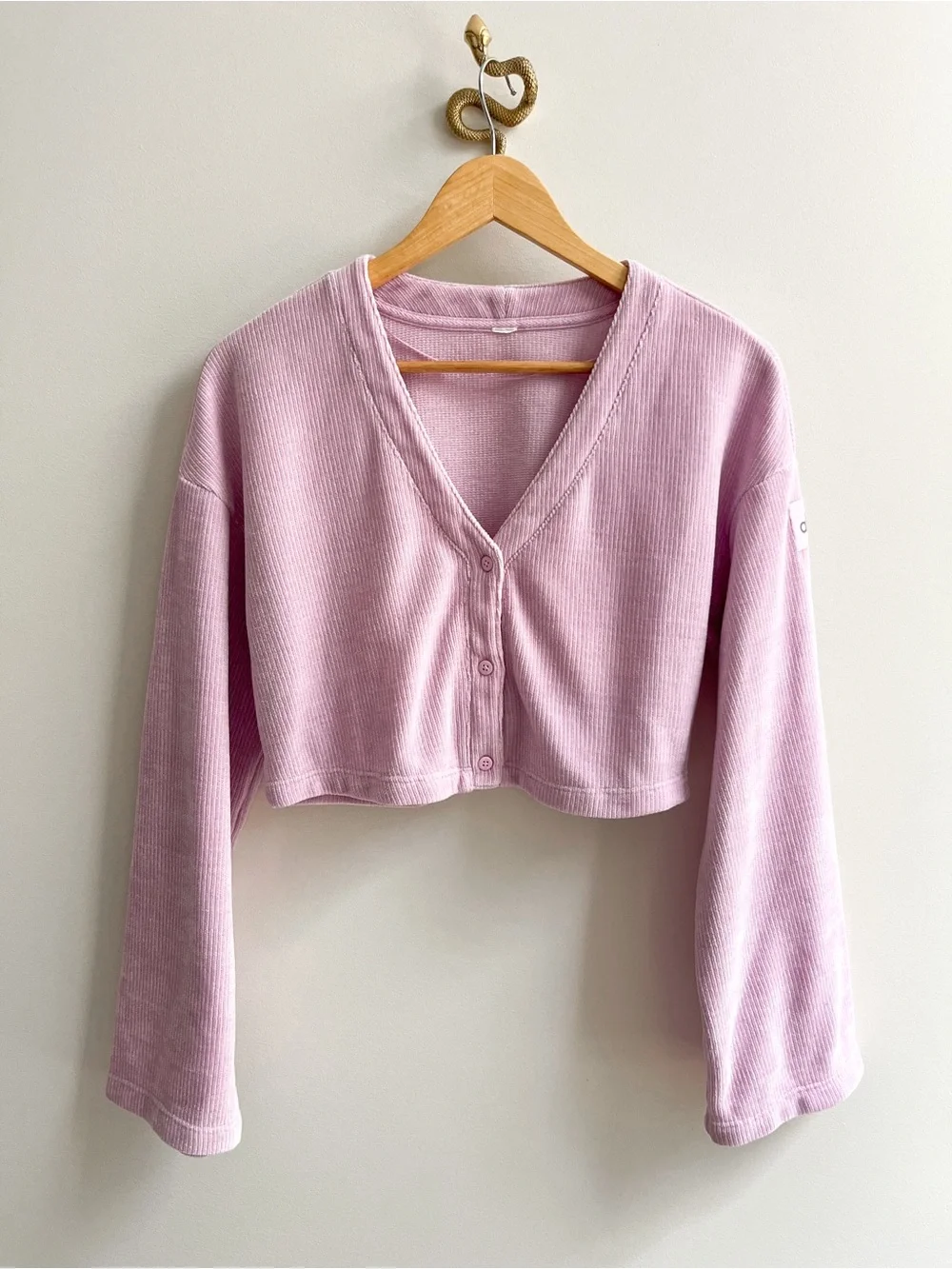 Alo Yoga Chenille Chalet Cropped Wide Sleeve Cardigan Sugarplum Pink S